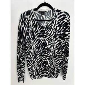 Ava Paige Women's L Zebra Print Long Sleeve Black Pearl Button Up Cardigan Sweat